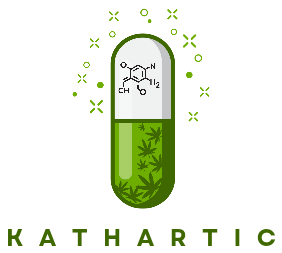 Kathartic logo: a capsule filled with hemp leaves